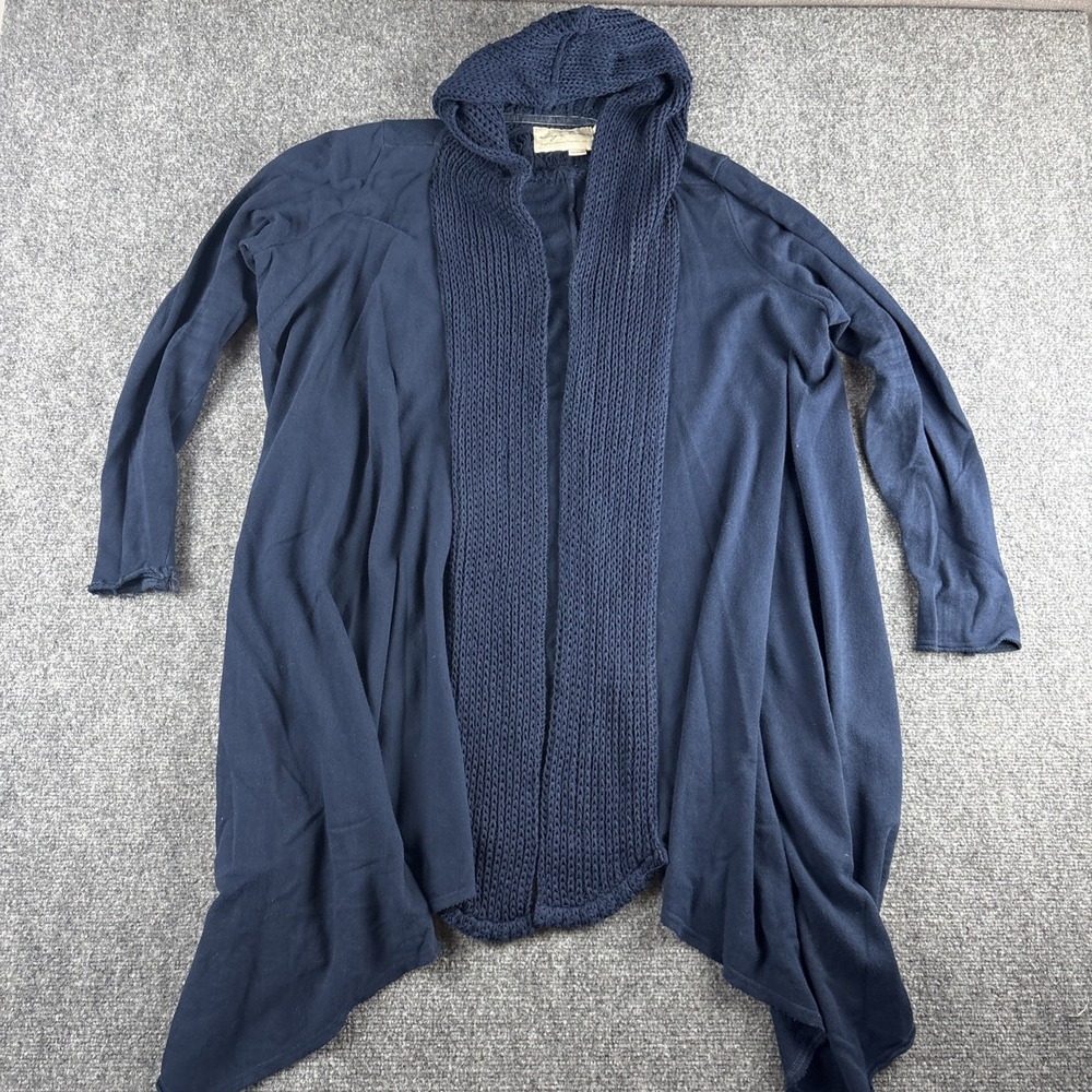 Evys Tree Hooded Cardigan Sweater Women's Large Navy Blue Mixed Knit Luxury